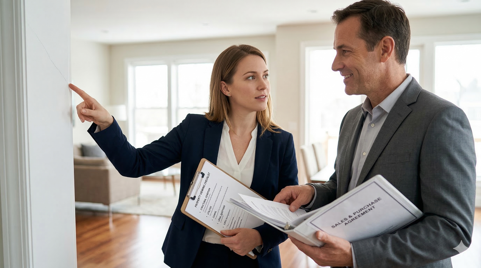 Real Estate Terminology. A prospective homebuyer reviewing a property checklist and real estate contract with an agent during a house viewing.