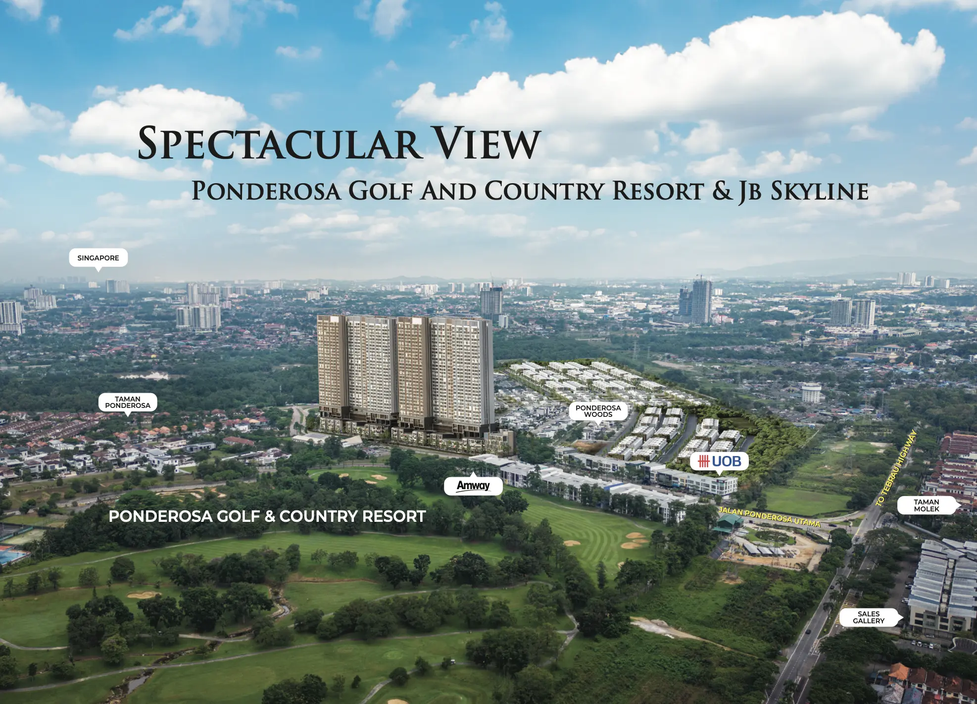 Aerial location map rendering of Ponderosa Regency in Taman Ponderosa, showcasing its unobstructed panoramic view of the Ponderosa Golf and Country Resort and the Johor Bahru skyline.